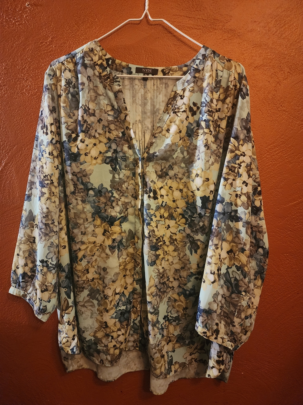 NYDJ Floral V-Neck Tunic in Light Blue, Beige and Navy